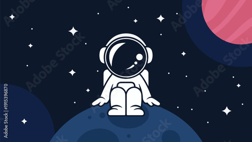 Astronaut sitting on a planet in space with stars and pink planet background