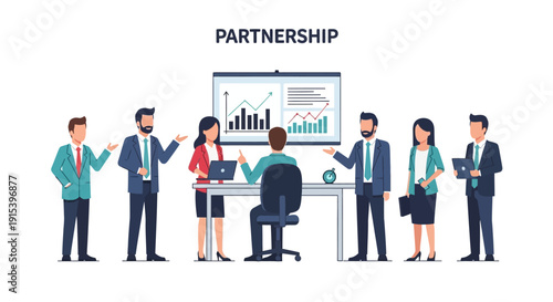 Business team collaborating on project with graphs on screen