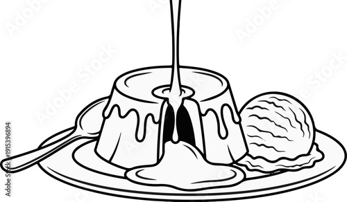 A decadent chocolate lava cake with melting fudge and ice cream