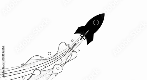 A black rocket ship ascends into a white space, leaving a trail of wispy smoke