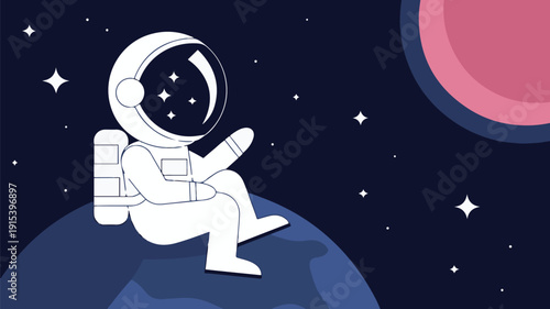 Astronaut in suit on planet in space, stars, red planet in background