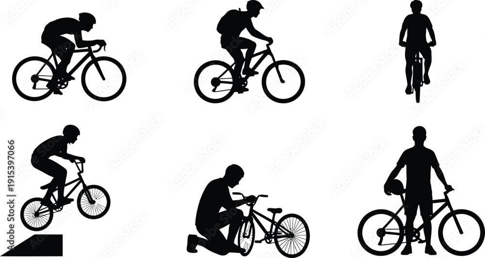 Fototapeta premium Collection of cyclist silhouettes in various poses representing different cycling disciplines like road racing and BMX ideal for sports and fitness graphics