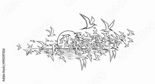 A flock of terns flies over calm water with a faint crescent shape in the sky