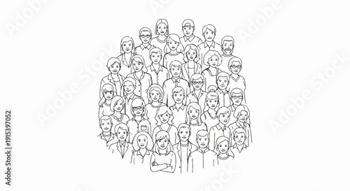 A diverse group of people, depicted in a simple line art style, form a crowd