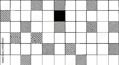 A grid of squares, some filled with a checkered pattern and one solid black