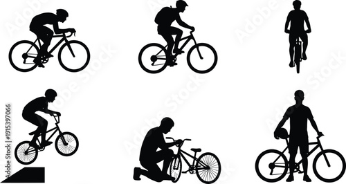 Collection of cyclist silhouettes in various poses representing different cycling disciplines like road racing and BMX ideal for sports and fitness graphics