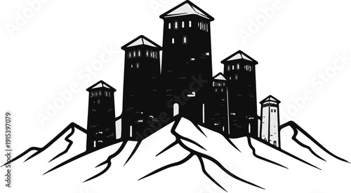 A dark, stylized fortress with multiple towers sits atop rugged mountains