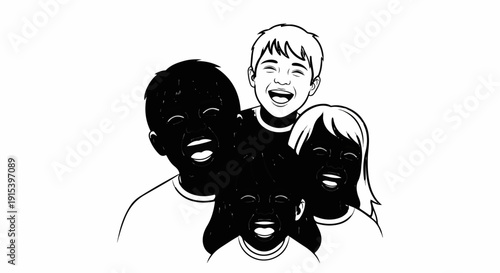 A diverse group of children laugh together joyfully