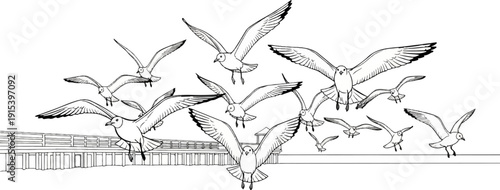 A flock of seagulls soars above a wooden pier