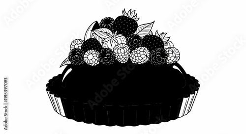 A dark, rich pie overflowing with fresh berries and leaves, presented in a fluted tin