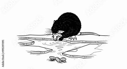 A dark rodent with white whiskers reaches for shellfish near icy water