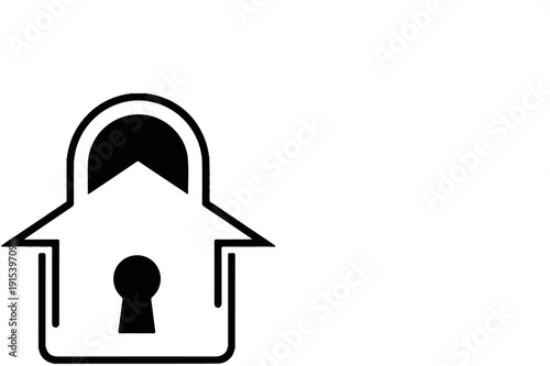 A black outline of a house with a lock mechanism as its center