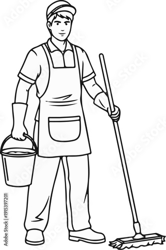 A clean cut cartoon of a person holding a mop and bucket