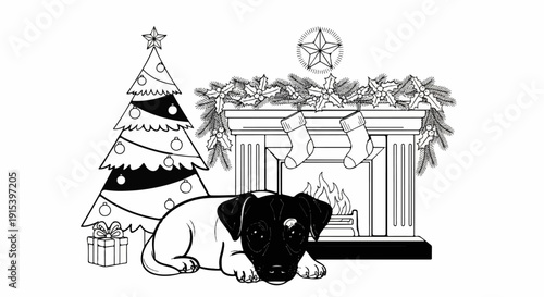 A dog rests by a decorated Christmas tree and fireplace with stockings
