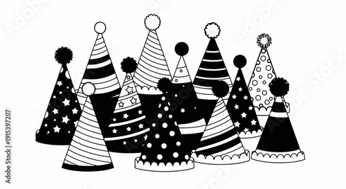 A collection of black and white party hats with various patterns and pom-poms