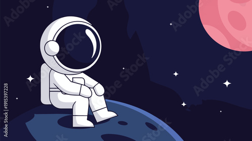Astronaut sitting on blue moon in deep space with red planet and stars vector illustration