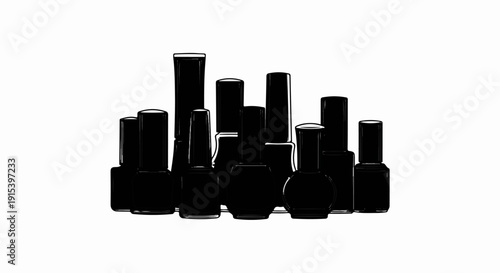 A collection of black nail polish bottles with varying shapes and sizes