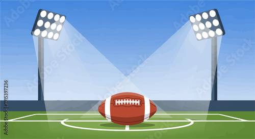 A football rests on a brightly lit field under stadium lights at night