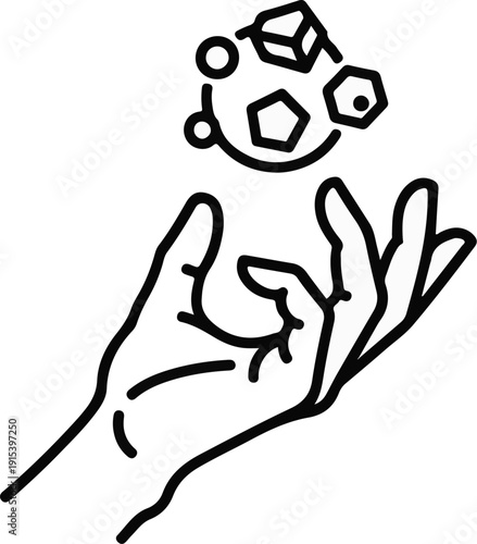 A hand delicately holds a collection of geometric shapes in a celestial swirl