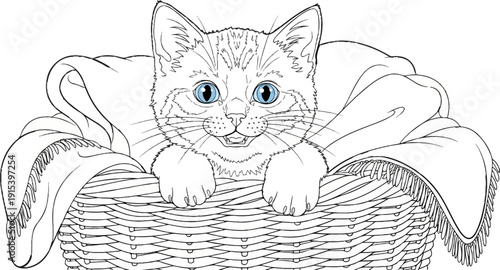 A cute kitten with blue eyes peeks out from a basket lined with a blanket
