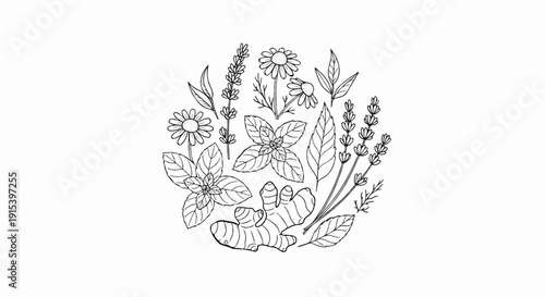 A collection of botanical line drawings featuring herbs and flowers in a circular arrangement