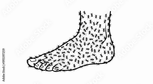 A foot covered in countless tiny black ants, illustrated in black and white