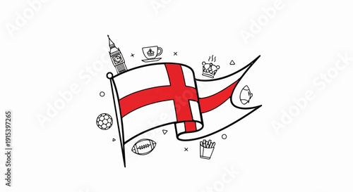 A doodle-style illustration of an England flag with iconic national symbols