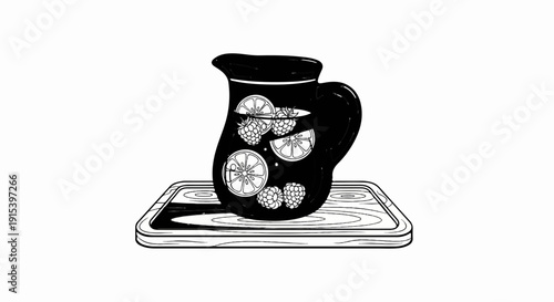 A black jug filled with citrus slices and berries sits on a wooden tray