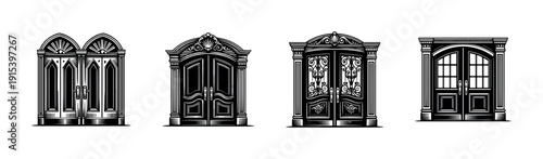 Ornate door designs flat vector icons set: elegant entryways and vintage gates collection