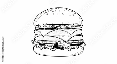 A double-decker hamburger with cheese, lettuce, tomato and onion rings