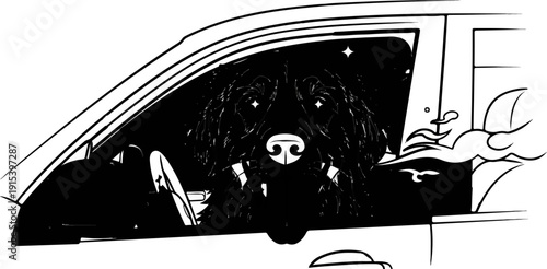 A dog with a starry background looks out the car window