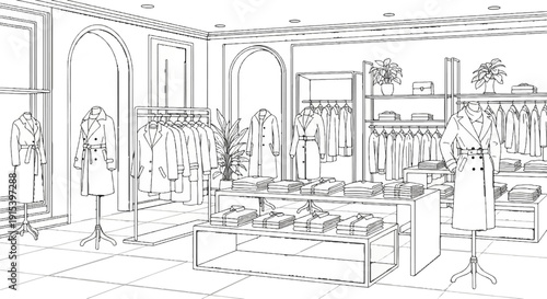 A clean sketch of a clothing store interior with mannequins and racks