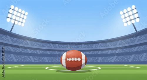 A football sits centered on a green field at a brightly lit stadium under a clear sky