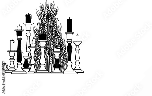 A collection of candleholders with lit candles and wheat stalks
