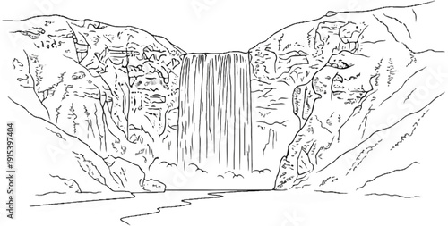 A dramatic waterfall plunges into a winding river surrounded by rocky cliffs