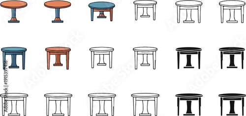 A collection of circular tables depicted in various styles and colors
