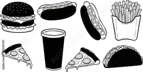 A collection of classic fast food items in a hand-drawn style