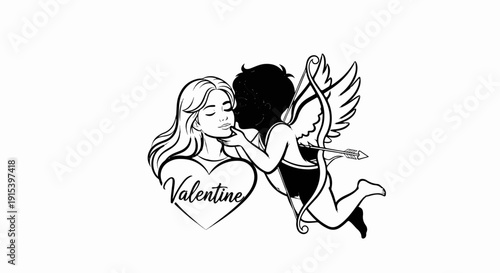 A cupid with bow and arrow gently kisses a woman with closed eyes
