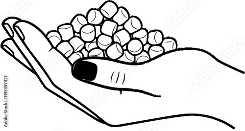 A cupped hand holding a pile of small, round, white objects
