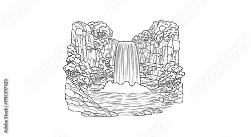 A dramatic waterfall cascades over rocky cliffs surrounded by lush trees