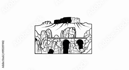 A drawing of a bridge spanning a gorge with jagged cliffs and distant mountains