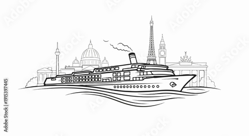 A cruise ship sails past iconic city landmarks in a line art illustration