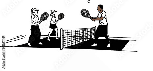 A game of tennis is being played on a court with a net