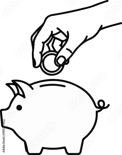 A hand inserts a coin into a piggy bank
