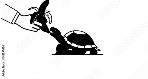 A hand offers a partially peeled banana to a silhouette of a tortoise