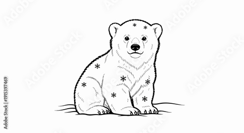 A drawing of a cute polar bear cub sitting with snowflakes on its fur