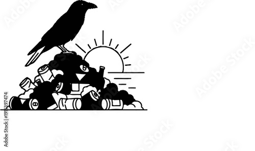 A crow perches on a pile of discarded cans at sunset