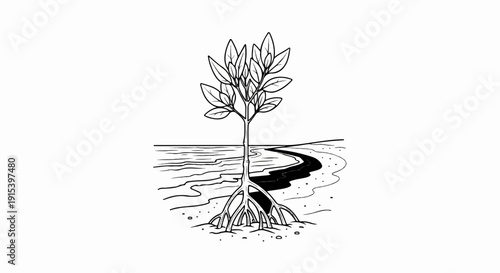 A drawing of a mangrove tree with exposed roots on a shoreline