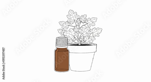 A drawing of a small bottle of brown liquid next to a potted plant
