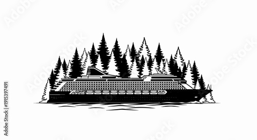 A cruise ship sails past a dense forest of pine trees